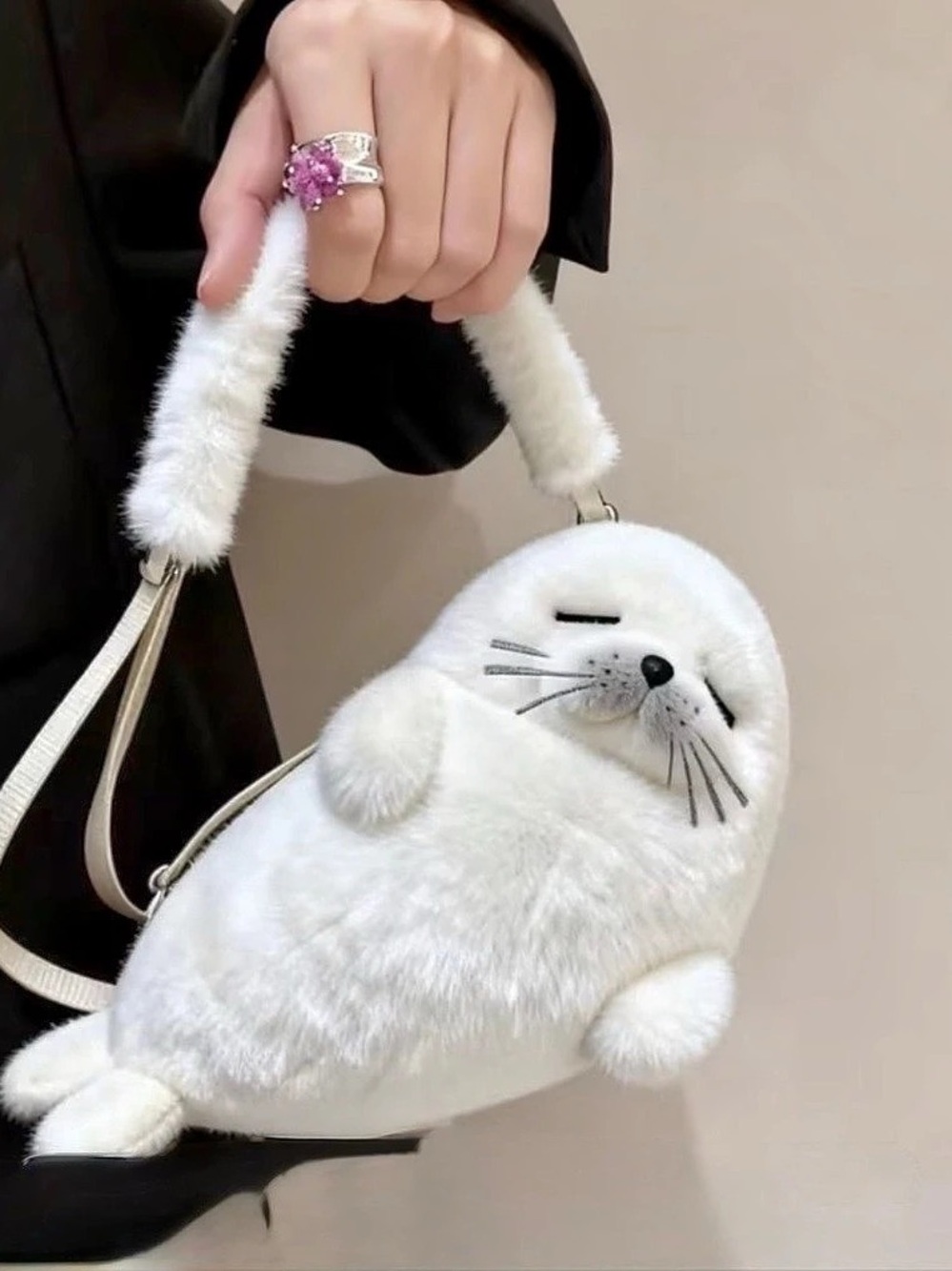 Seal Plush Crossbody Bag White New